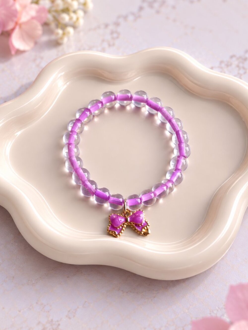 Purple Bow Kids Bracelet, Handmade Glass Beaded Bracelet, 5 inches